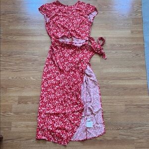 Reformation floral wrap dress with cap sleeves and crop top